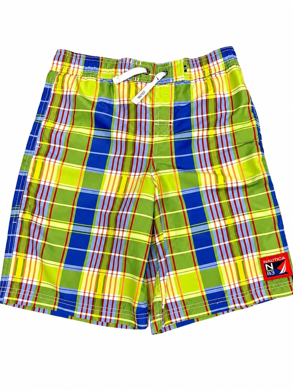 Nautica Boys Plaid Swim Trunks Size L 14/16 Mesh Lined Beach Pool Shorts